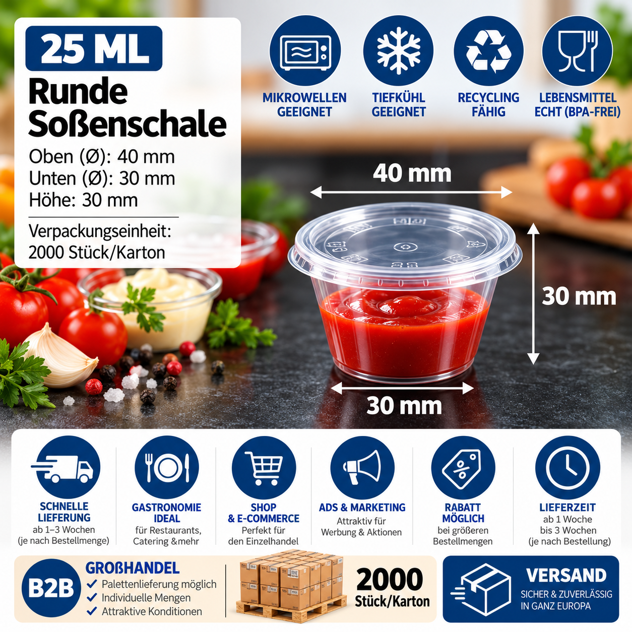 Runde Soßenschale 25 ml – transparent, 2.000 Stück/Karton