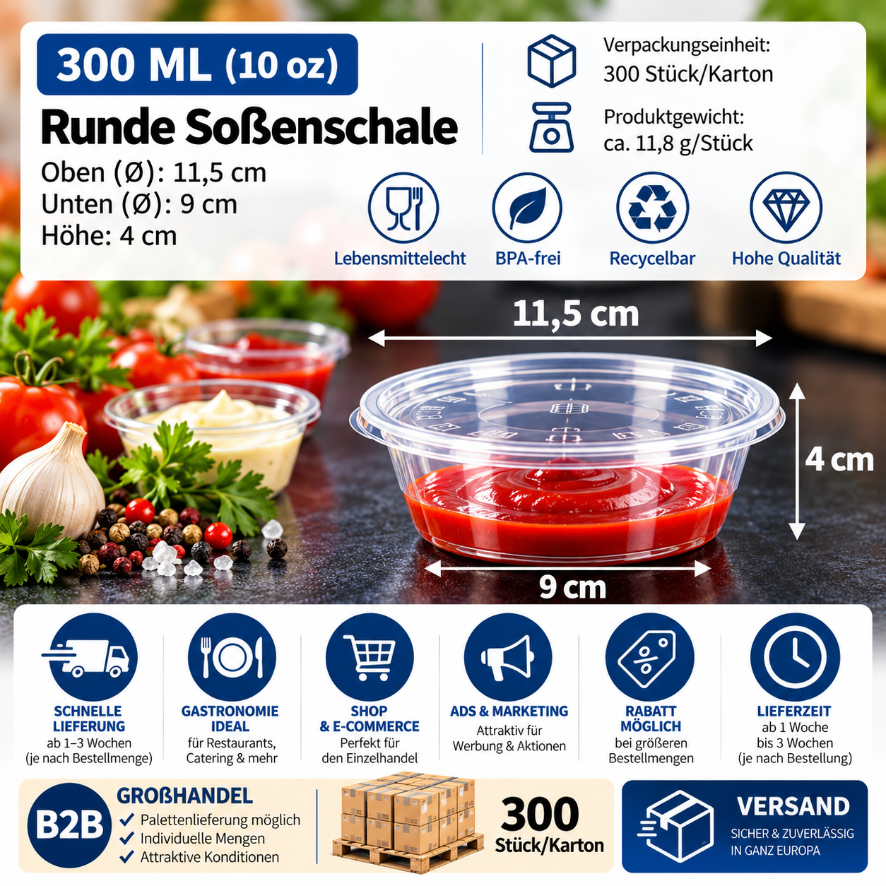 Runde Soßenschale 300 ml – transparent, 300 Stück/Karton