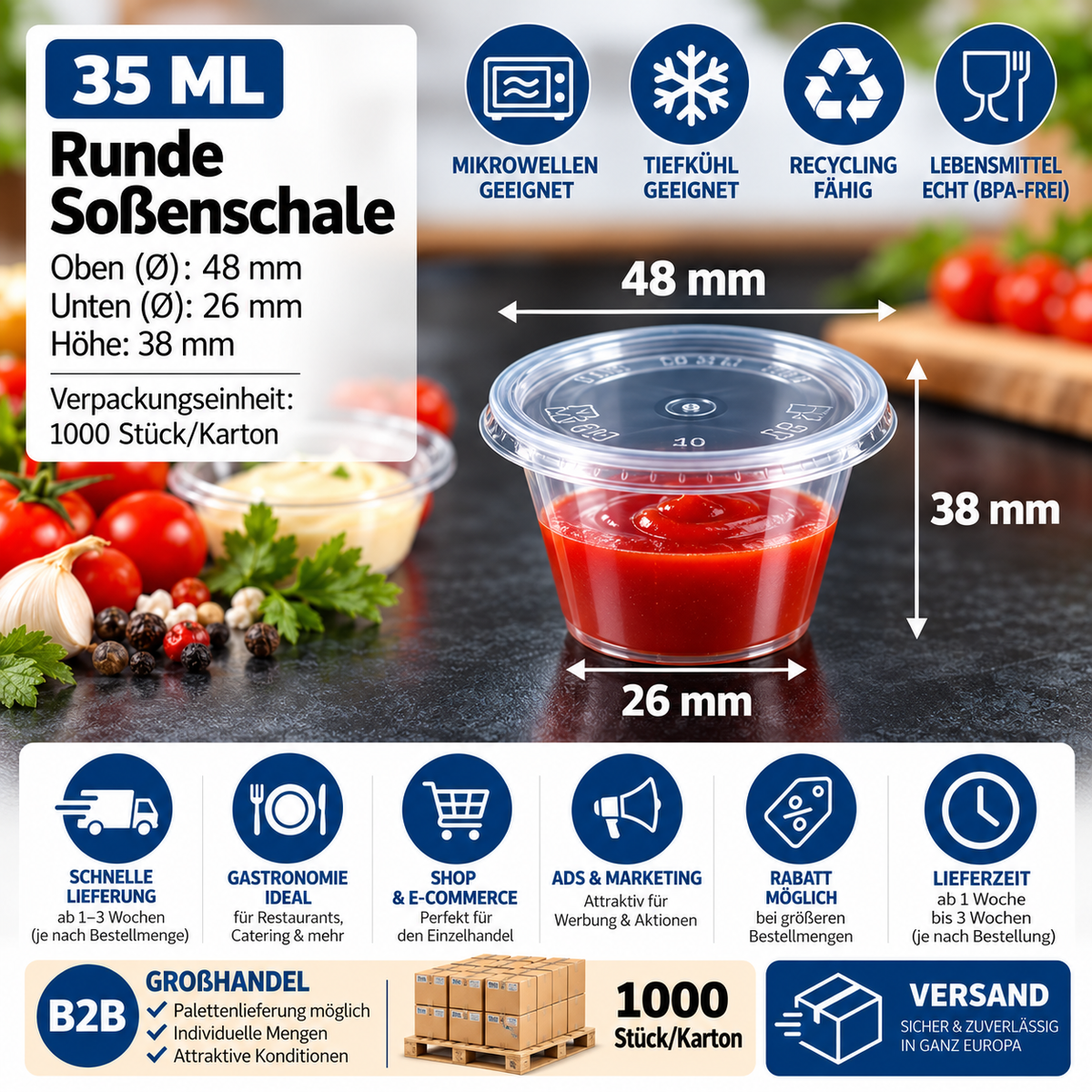 Runde Soßenschale 35 ml – transparent, 1.000 Stück/Karton