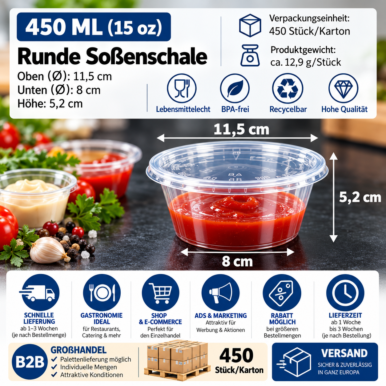 Runde Soßenschale 450 ml – transparent, 450 Stück/Karton