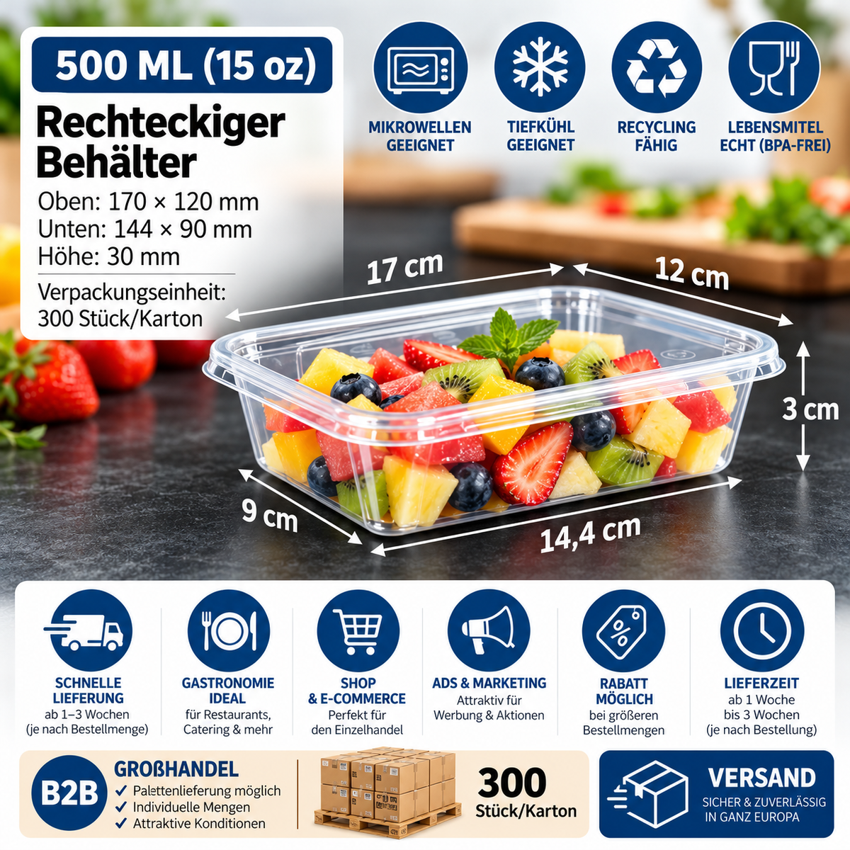 Rechteckiger Lebensmittelbehälter 500 ml – transparent, 300 Stück/Karton