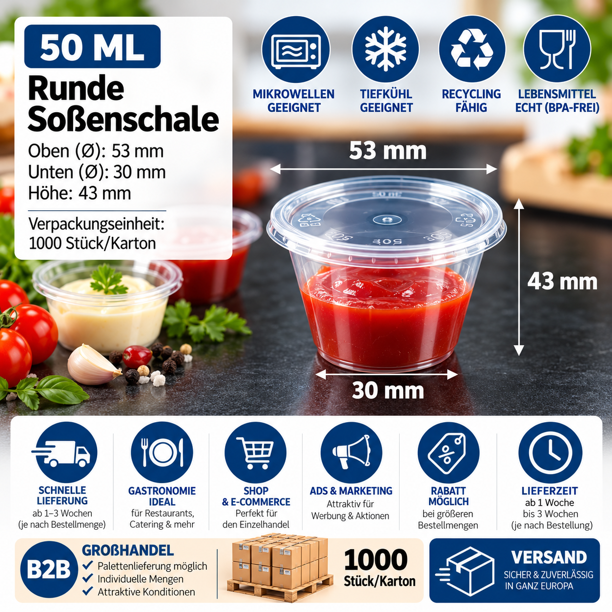 Runde Soßenschale 50 ml – transparent, 1.000 Stück/Karton