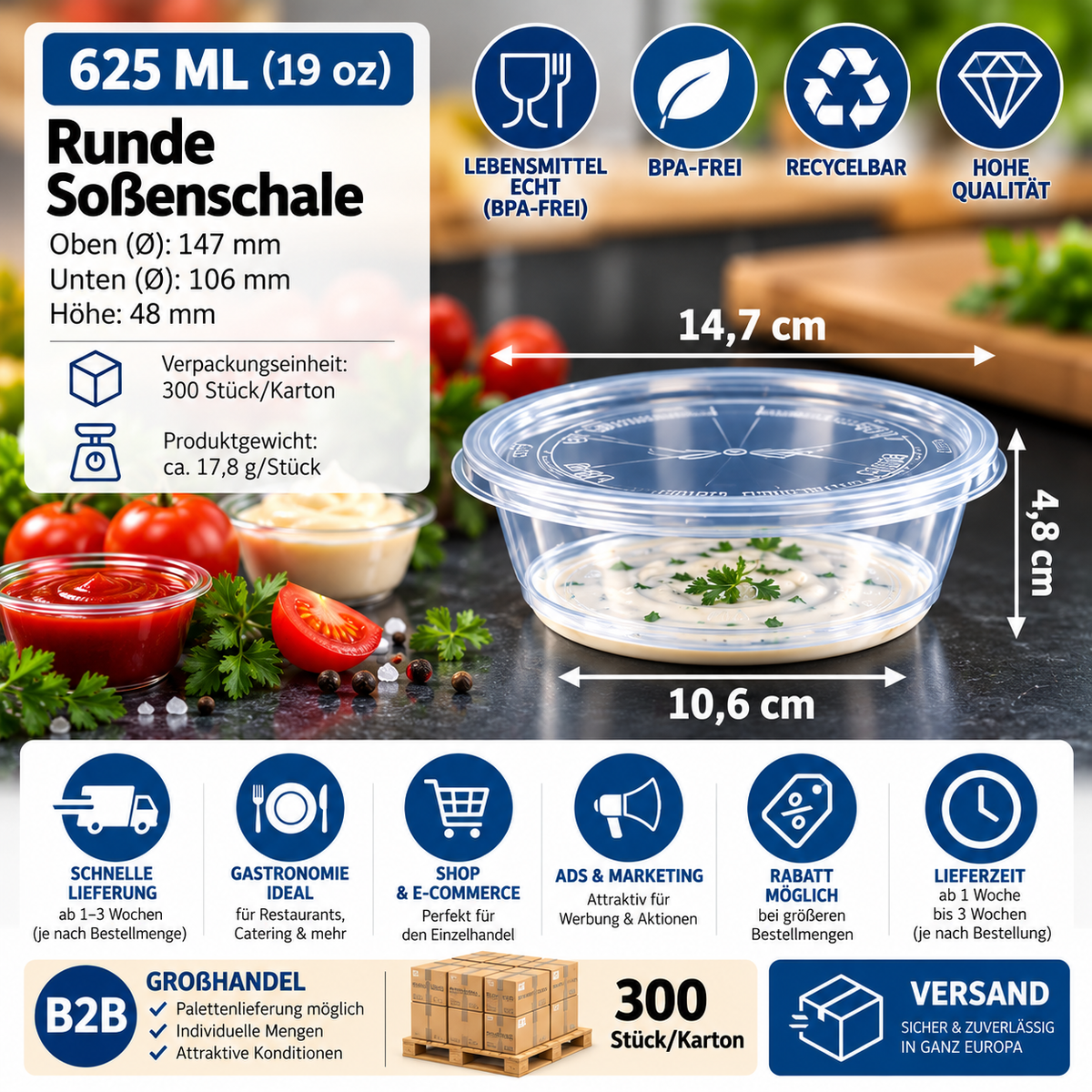 Runde Soßenschale 625 ml – transparent, 300 Stück/Karton