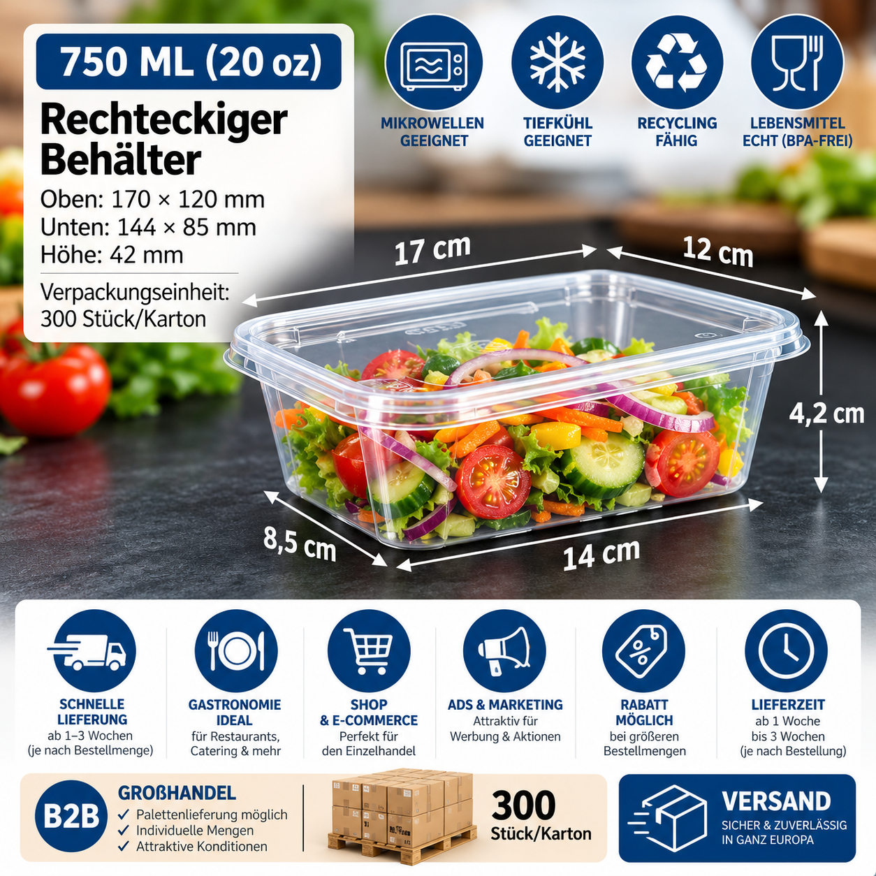 Rechteckiger Lebensmittelbehälter 750 ml – transparent, 300 Stück/Karton