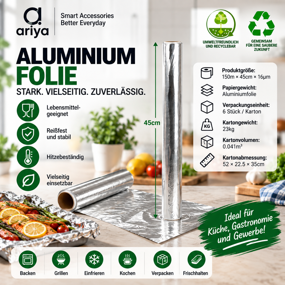 Aluminiumfolie 150 m × 45 cm × 16 µm – reißfest und vielseitig