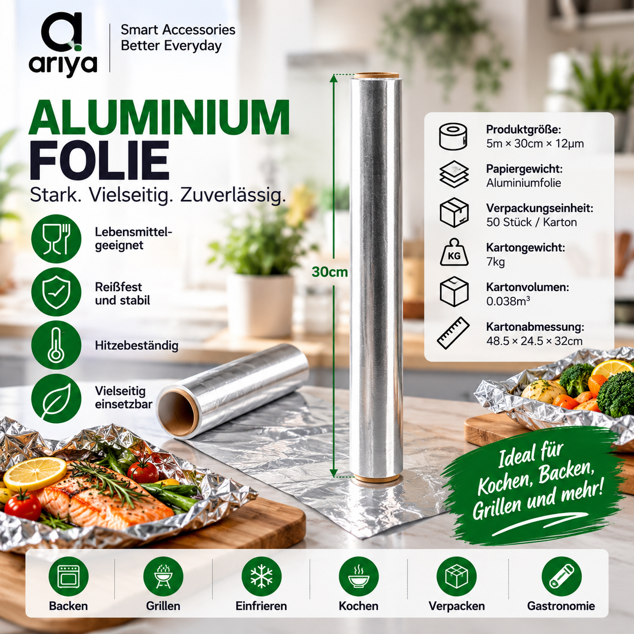 Aluminiumfolie 5 m × 30 cm × 12 µm – stark und vielseitig einsetzbar