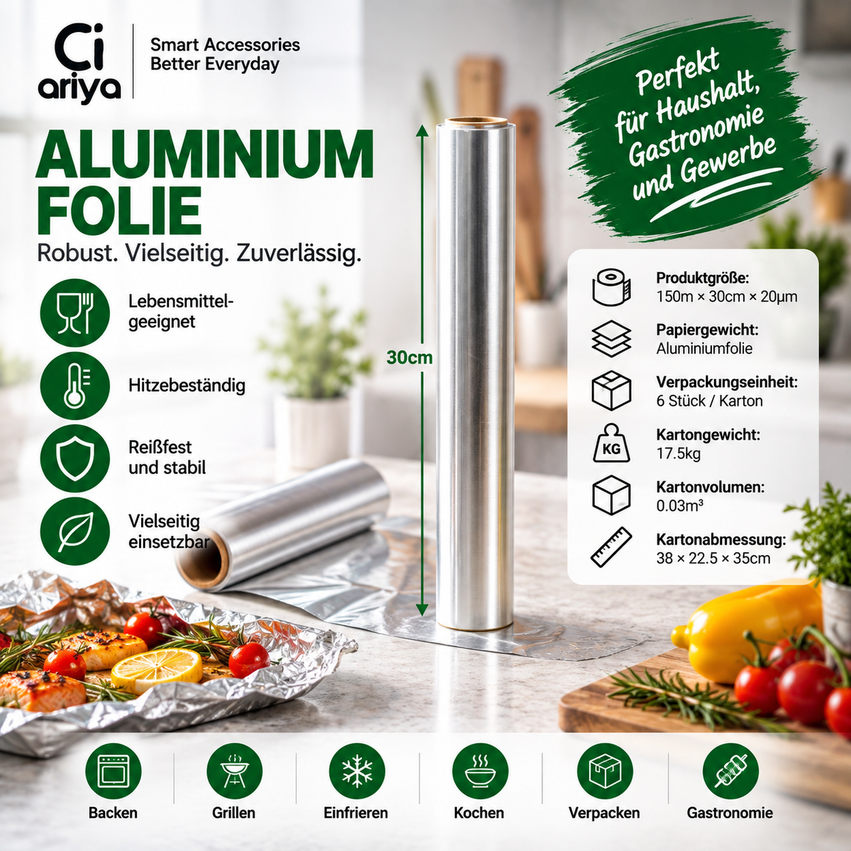 Aluminiumfolie 150 m × 30 cm × 20 µm – robust und hitzebeständig
