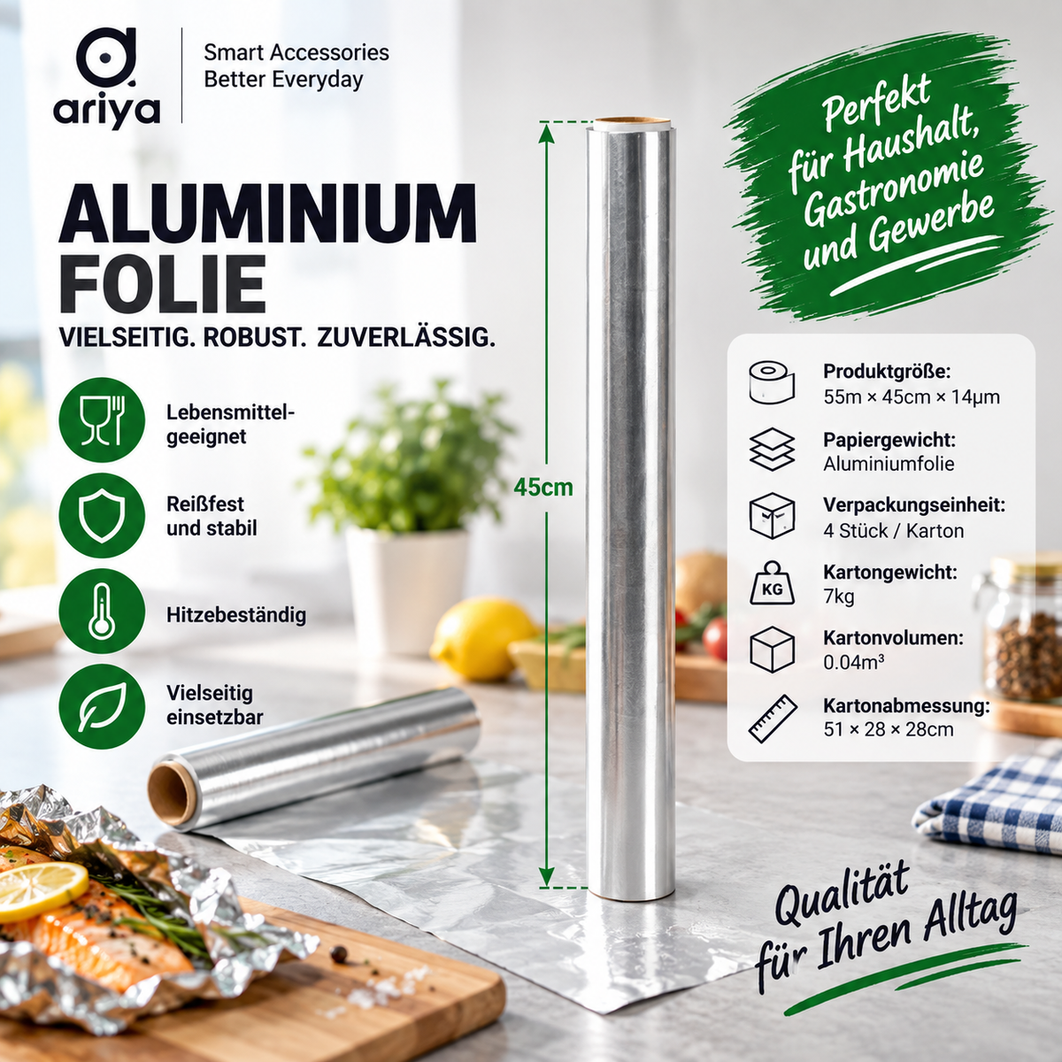 Aluminiumfolie 55 m × 45 cm × 14 µm – reißfest und hitzebeständig