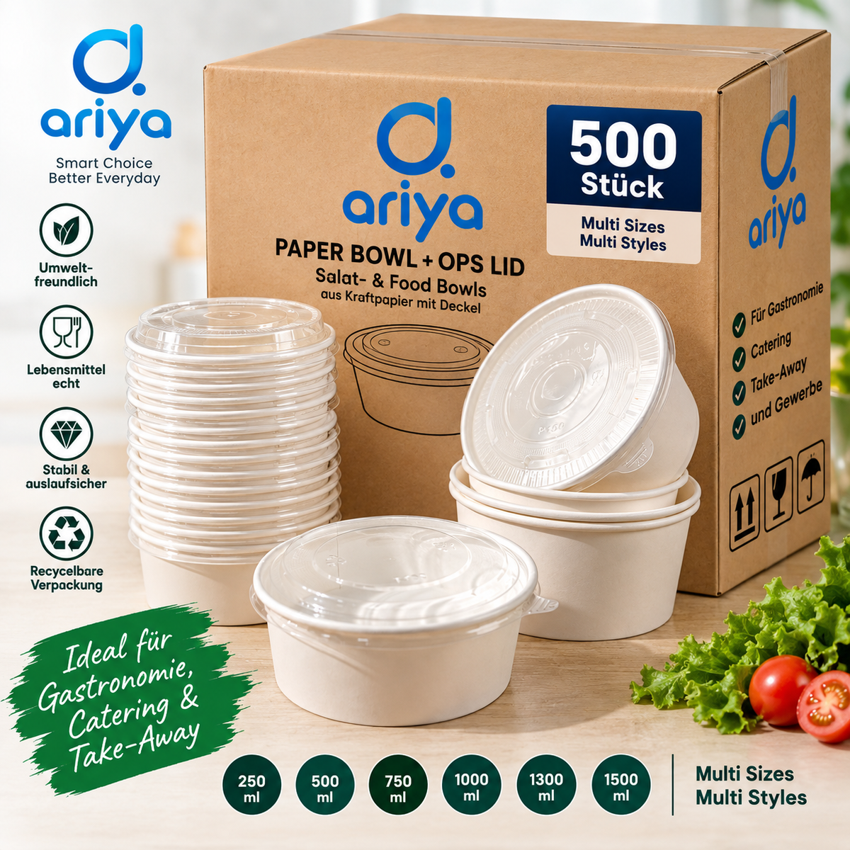 Pappschalen mit Deckel – 500 Stück, 250–1500 ml