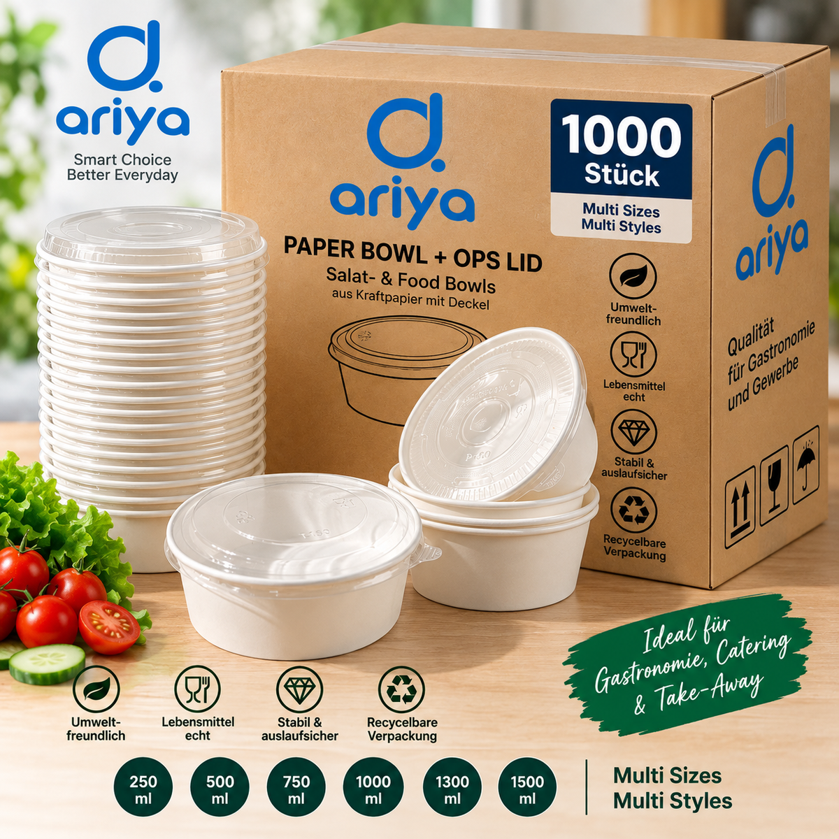 Pappschalen mit Deckel – 1000 Stück, 250–1500 ml