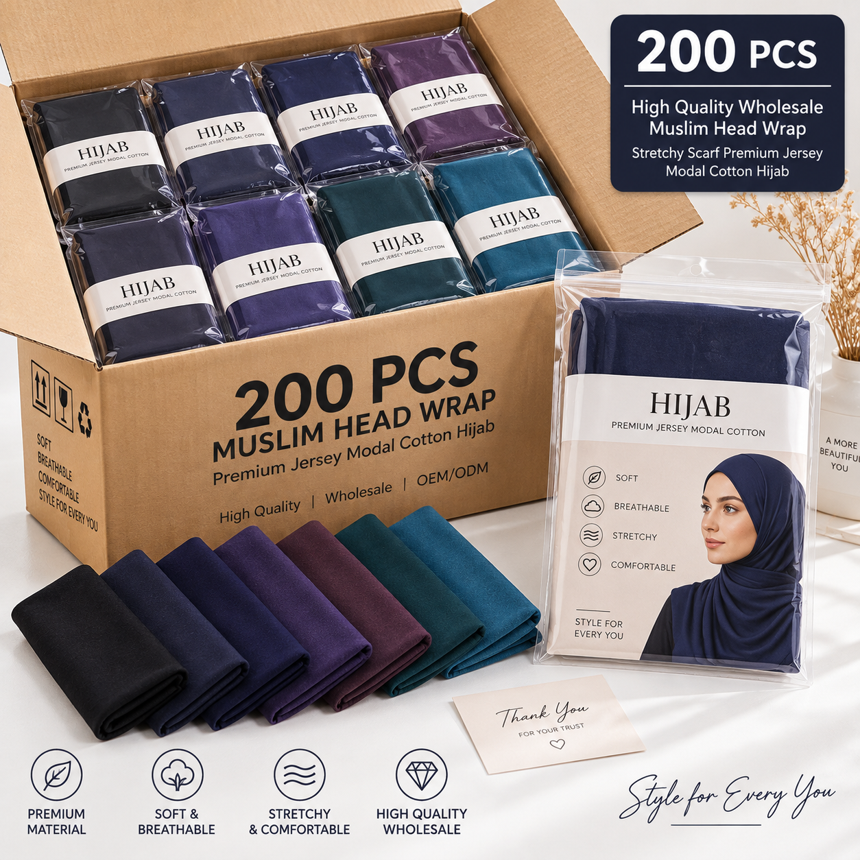 200er Hijab-Großhandelspaket – Jersey-Modal in Dunkel- und Juwelentönen