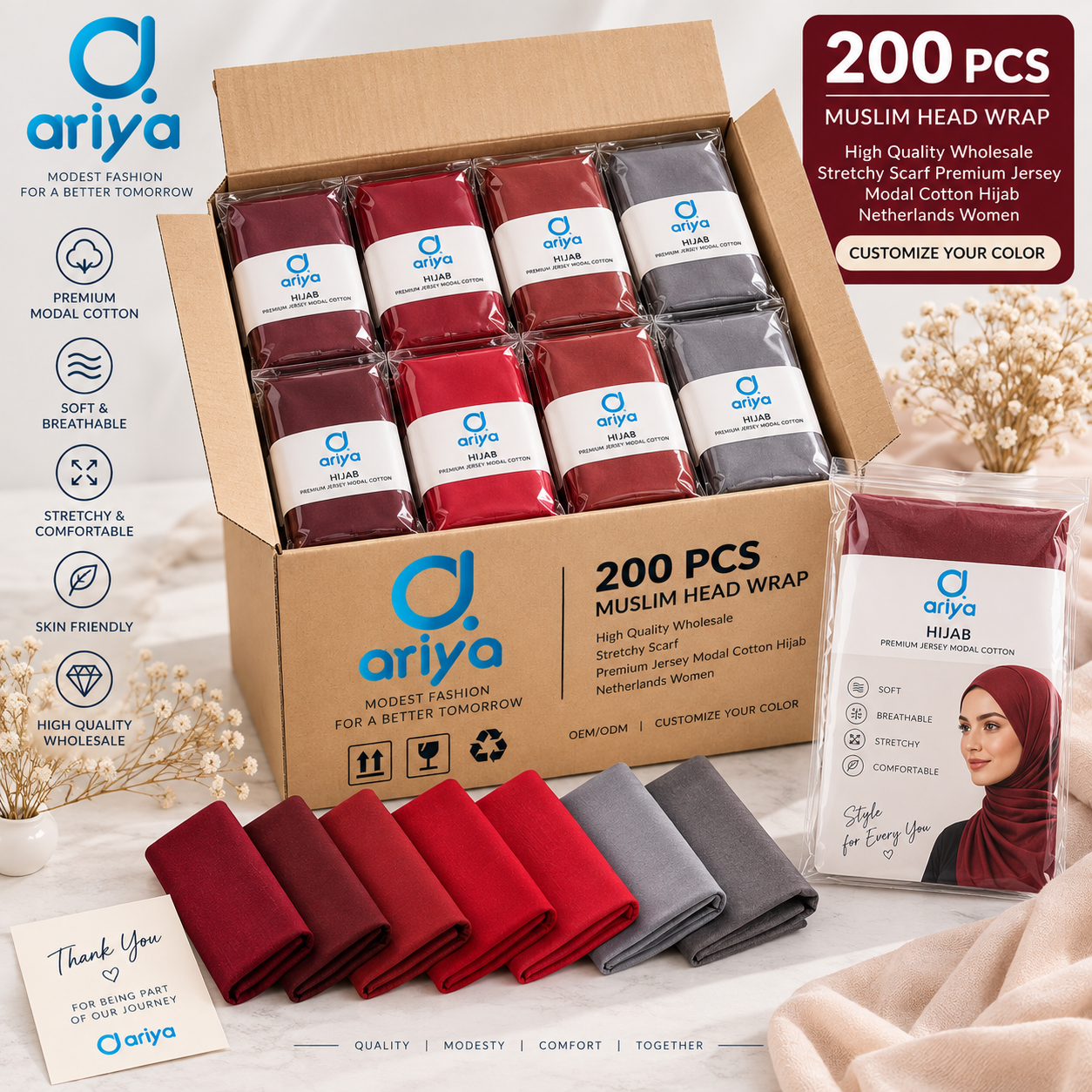 200er Hijab-Großhandelspaket – Jersey-Modal in Rot- und Grautönen