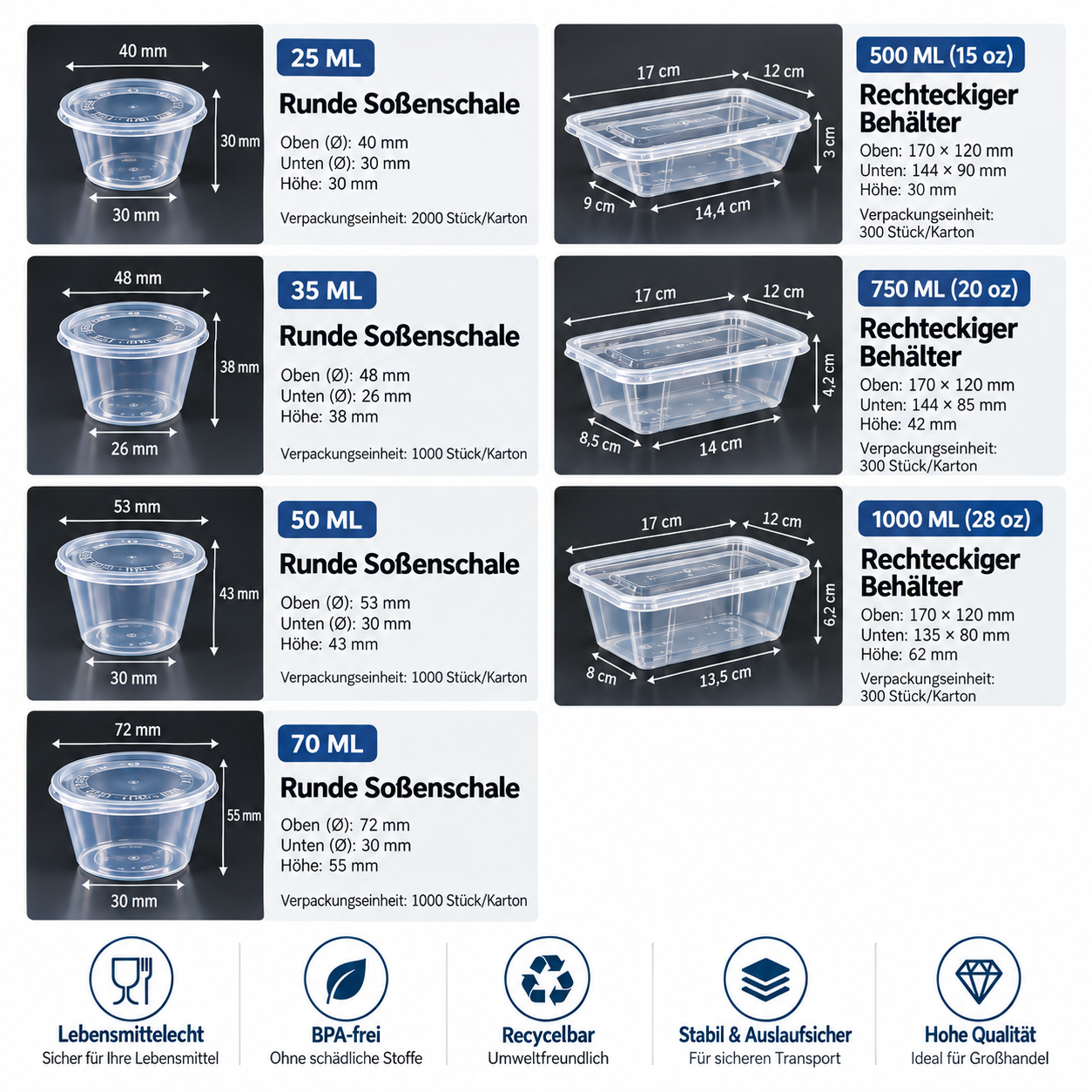 Transparente Lebensmittelbehälter mit Deckel – 25–1000 ml