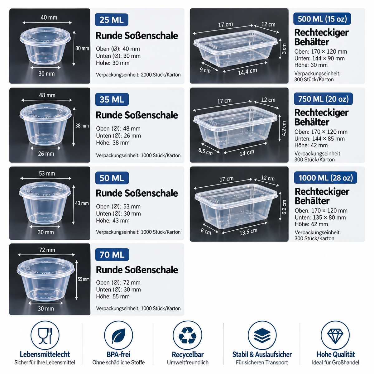 Transparente Lebensmittelbehälter mit Deckel – 25–1000 ml