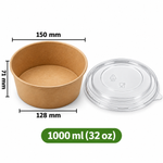 Runde Kraftpapier-Schale 1000 ml (32 oz) mit transparentem PET-Deckel – Braun