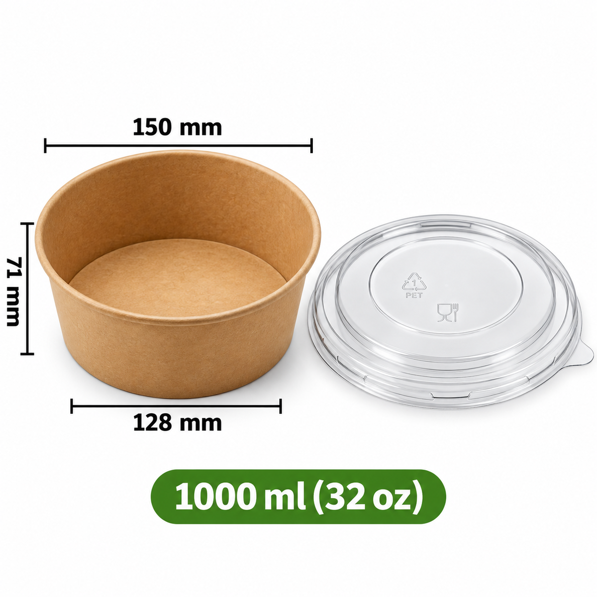 Runde Kraftpapier-Schale 1000 ml (32 oz) mit transparentem PET-Deckel – Braun