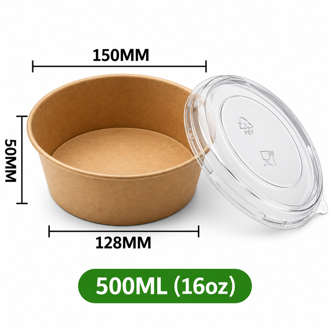 Runde Kraftpapier-Schale 500 ml (16 oz) mit transparentem PET-Deckel – Braun