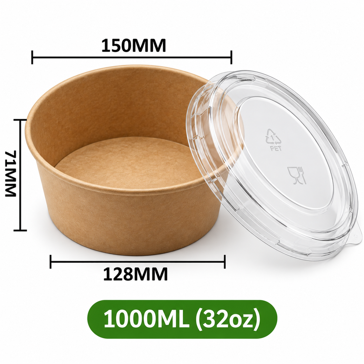 Runde Kraftpapier-Schale 1000 ml (32 oz) mit transparentem PET-Deckel – Braun
