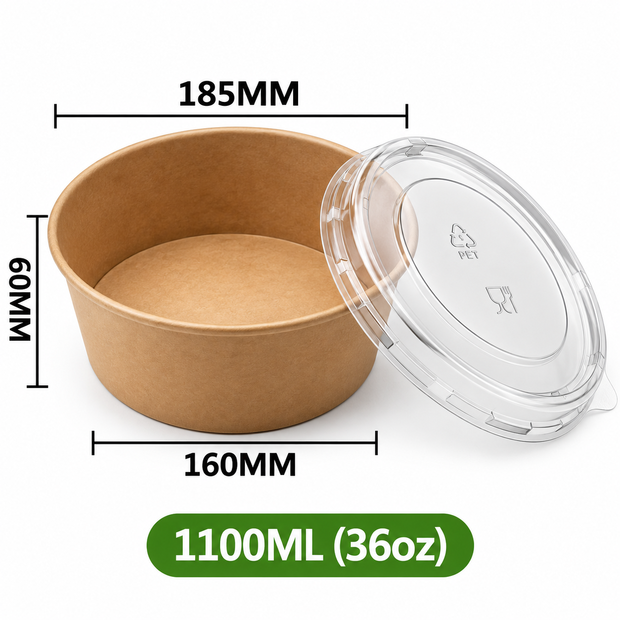 Runde Kraftpapier-Schale 1100 ml (36 oz) mit transparentem PET-Deckel – Braun