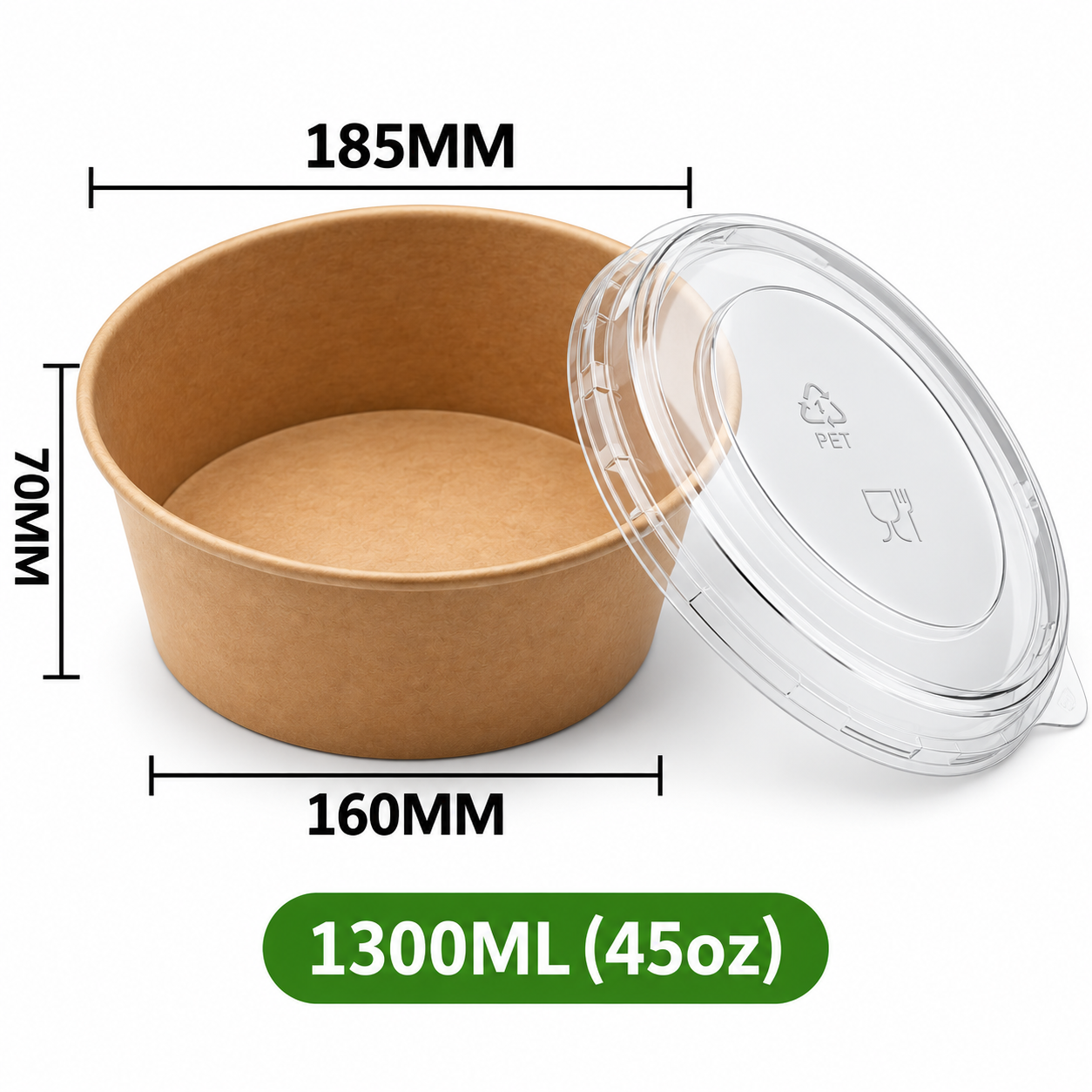 Runde Kraftpapier-Schale 1300 ml (45 oz) mit transparentem PET-Deckel – Braun