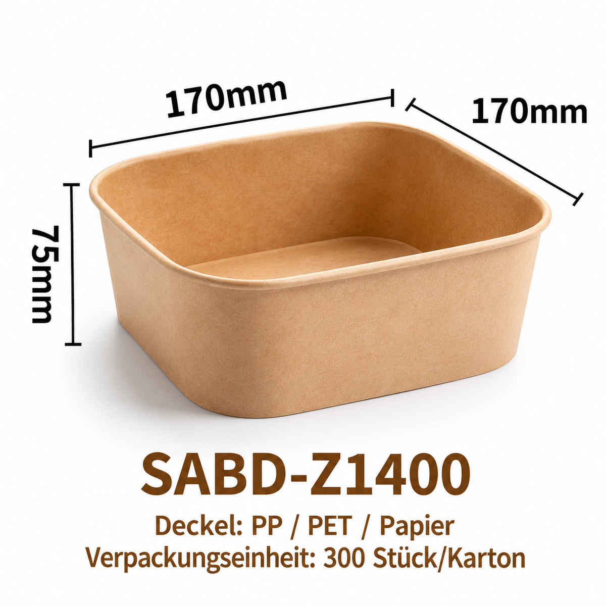 Quadratische Kraftpapier-Schale SABD-Z1400 – Braun, 170 × 170 × 75 mm, 300 Stück