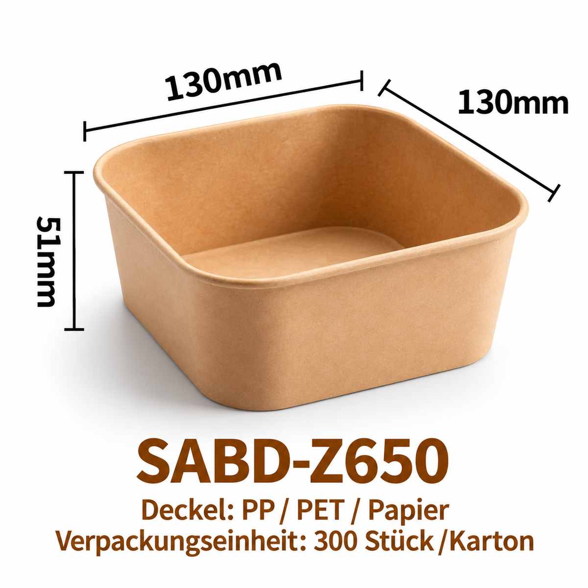 Quadratische Kraftpapier-Schale SABD-Z650 – Braun, 130 × 130 × 51 mm, 300 Stück