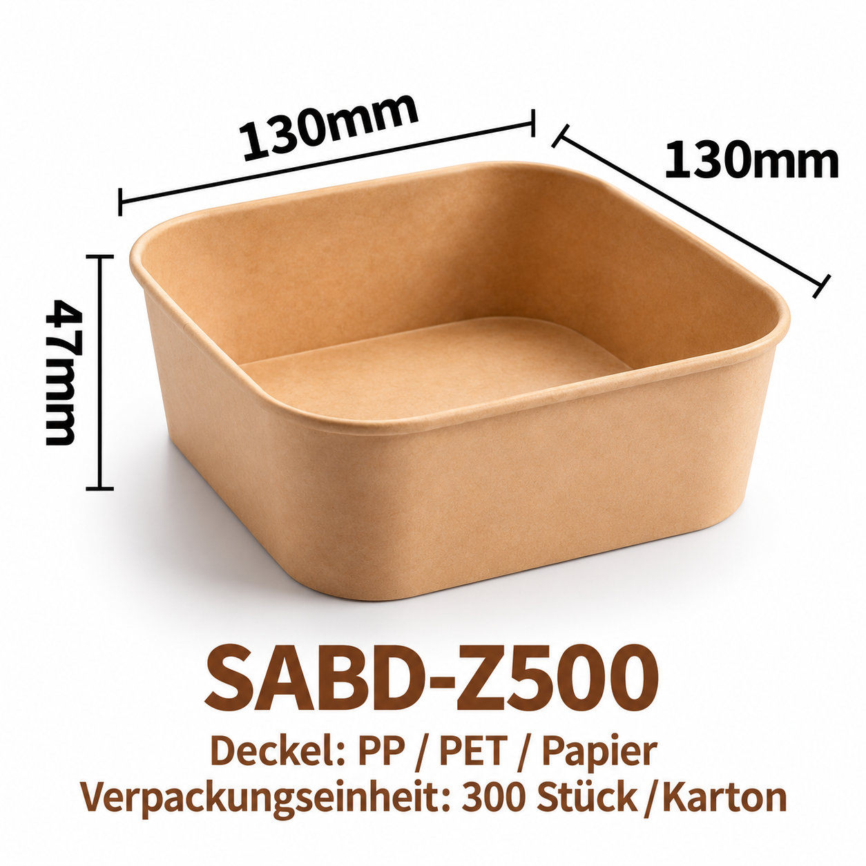Quadratische Kraftpapier-Schale SABD-Z500 – Braun, 130 × 130 × 47 mm, 300 Stück