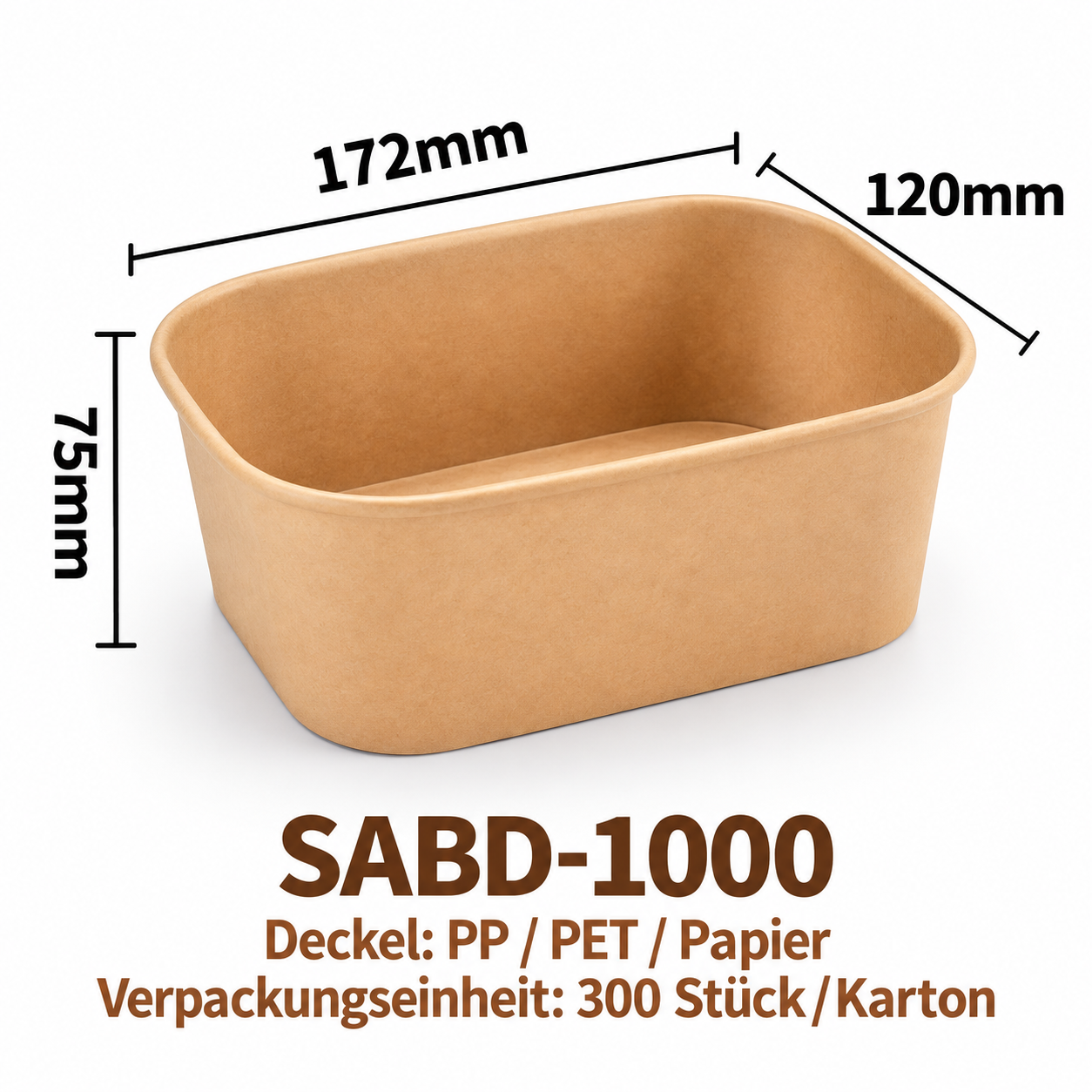 Eckige Kraftpapier-Schale SABD-1000 – Braun, 172 × 120 × 75 mm, 300 Stück