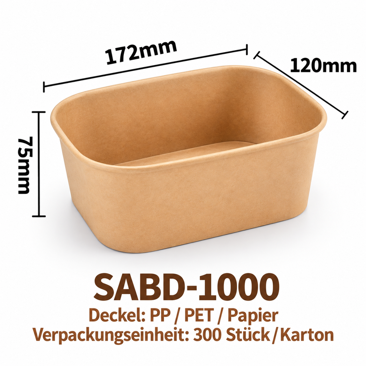 Eckige Kraftpapier-Schale SABD-1000 – Braun, 172 × 120 × 75 mm, 300 Stück