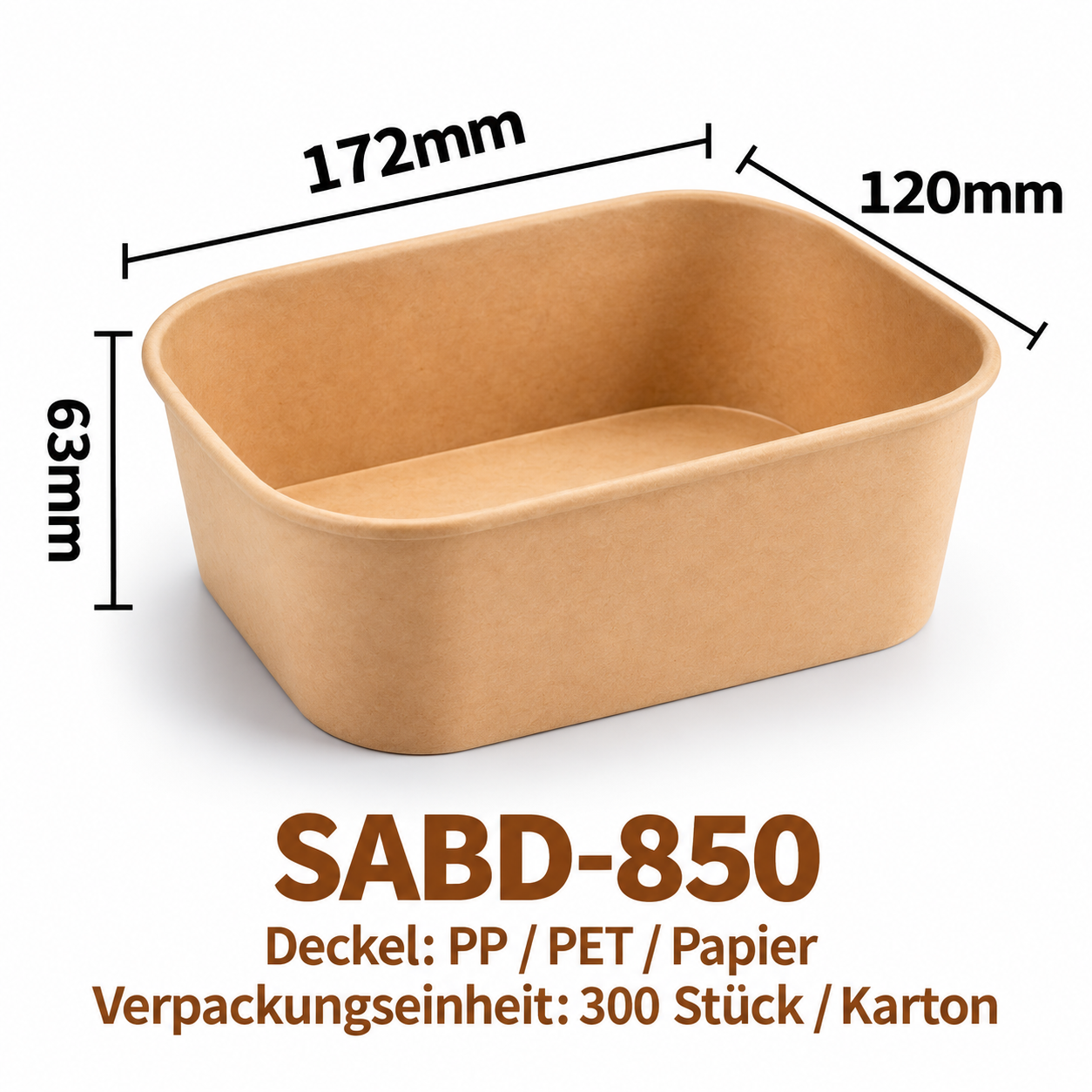 Eckige Kraftpapier-Schale SABD-850 – Braun, 172 × 120 × 63 mm, 300 Stück