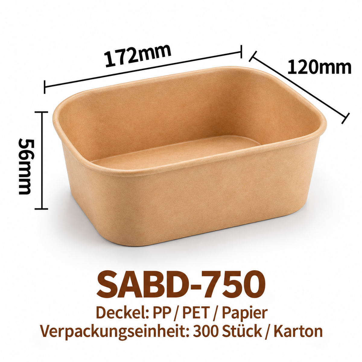 Eckige Kraftpapier-Schale SABD-750 – Braun, 172 × 120 × 56 mm, 300 Stück