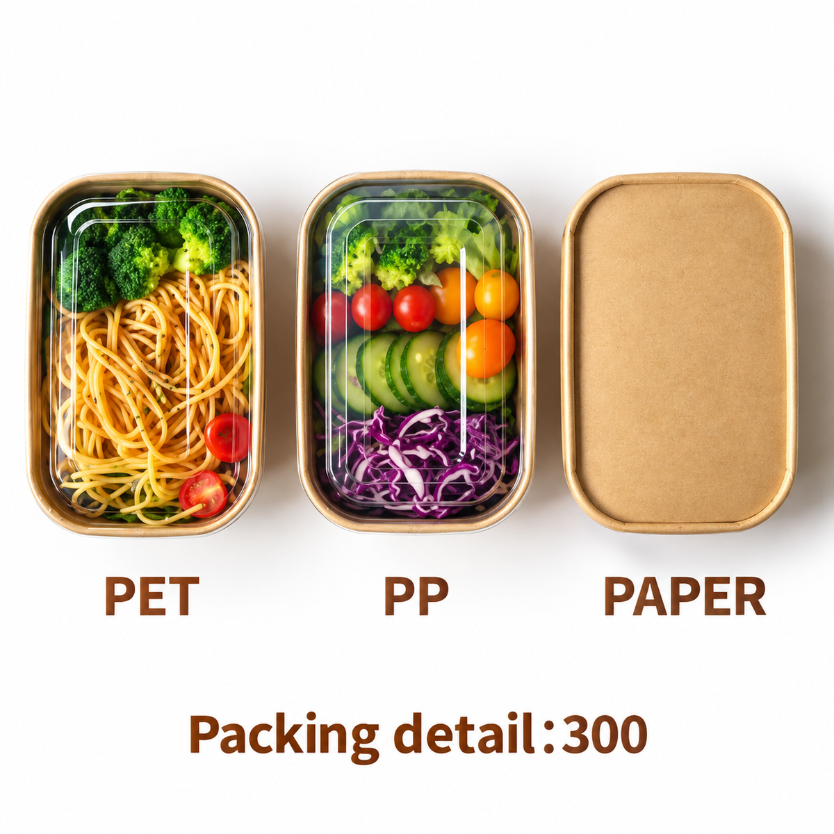 Eckige Kraftpapier-Schalen mit Deckel – Braun, PET / PP / Papier, 300 Stück