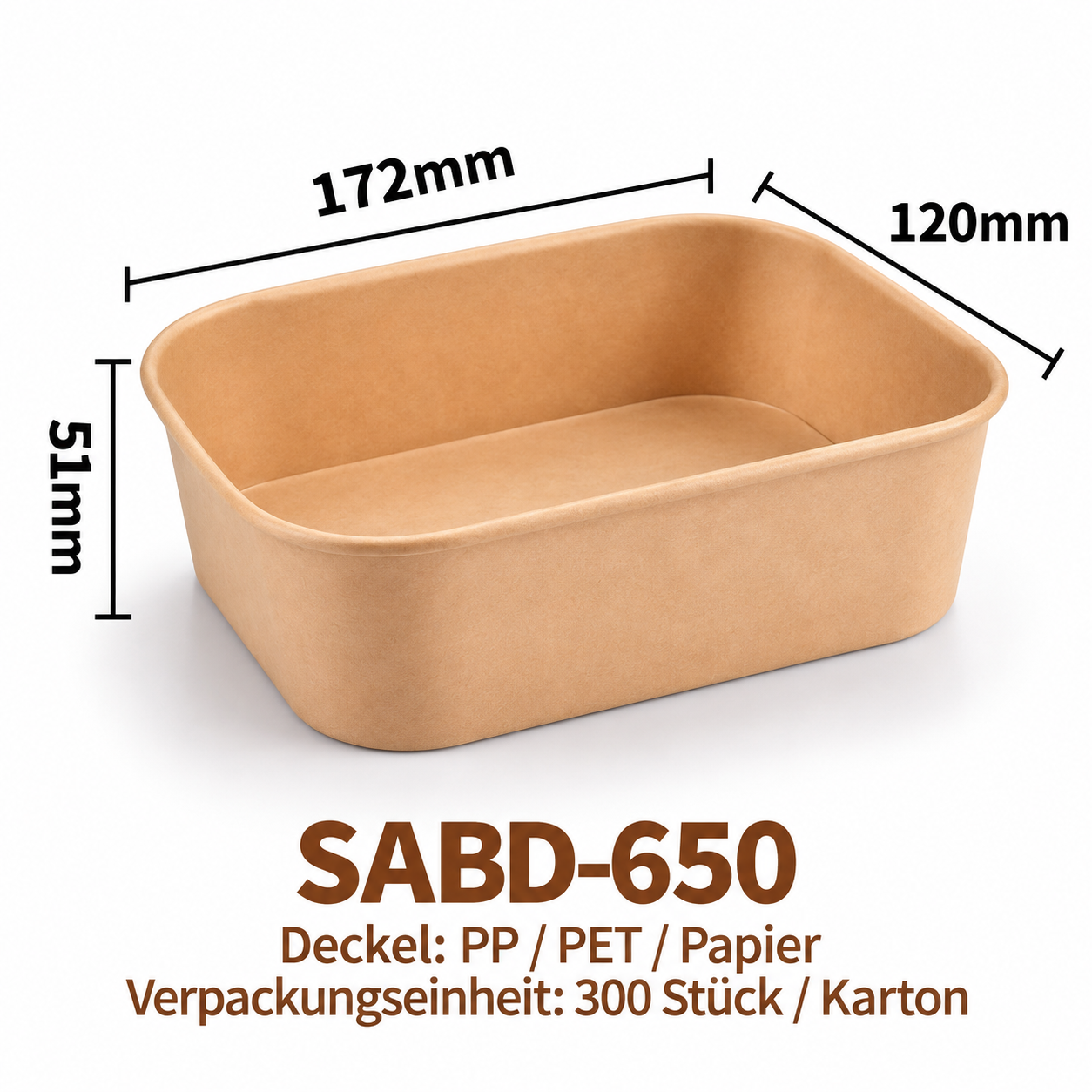 Eckige Kraftpapier-Schale SABD-650 – Braun, 172 × 120 × 51 mm, 300 Stück