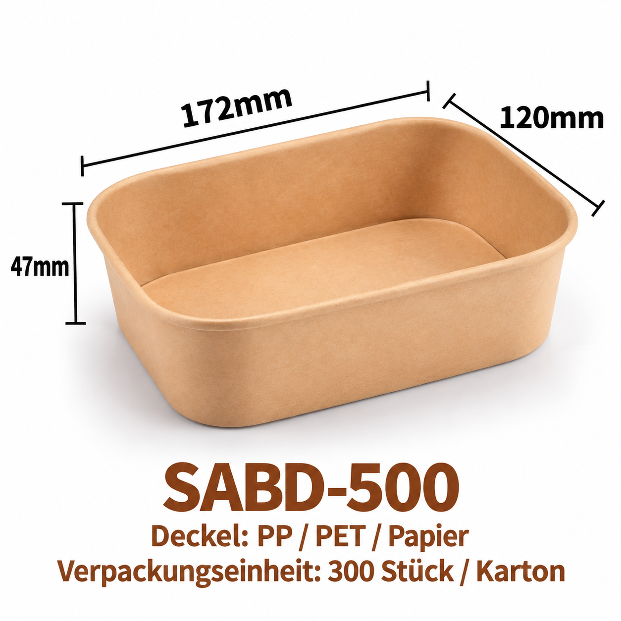 Eckige Kraftpapier-Schale SABD-500 – Braun, 172 × 120 × 47 mm, 300 Stück