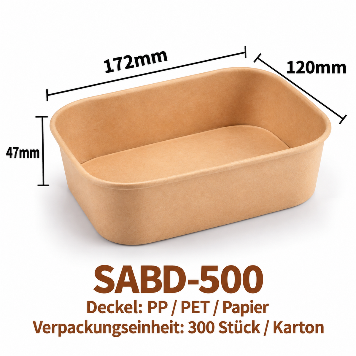 Eckige Kraftpapier-Schale SABD-500 – Braun, 172 × 120 × 47 mm, 300 Stück