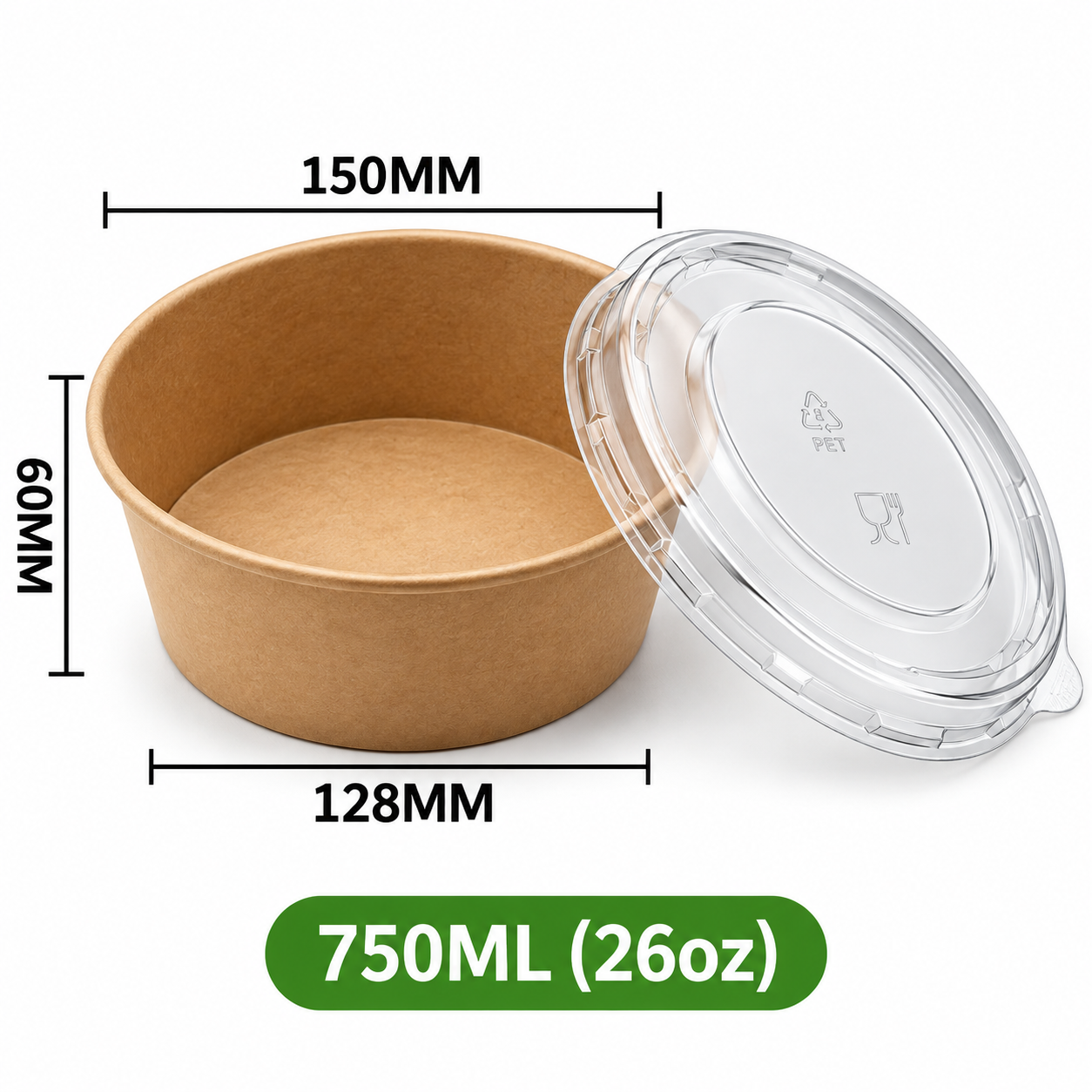 Runde Kraftpapier-Schale 750 ml (26 oz) mit transparentem PET-Deckel – Braun
