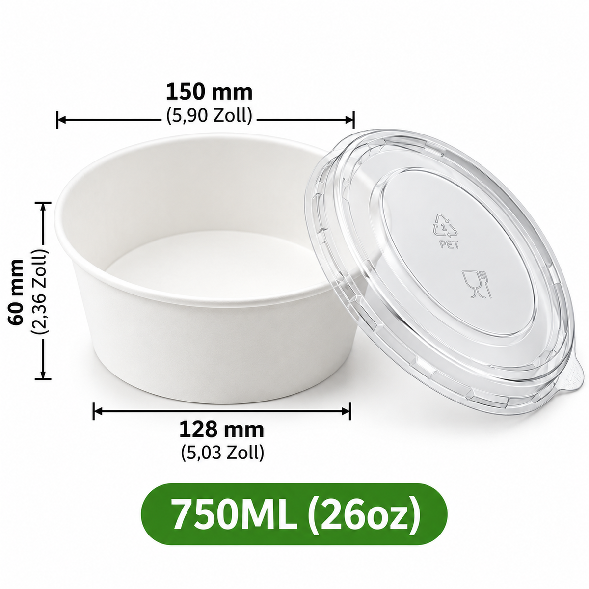 Runde Papierschale 750 ml (26 oz) mit transparentem PET-Deckel – Weiß