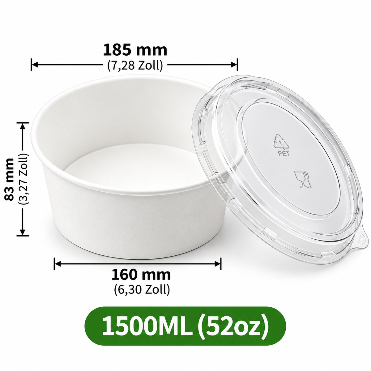 Runde Papierschale 1500 ml (52 oz) mit transparentem PET-Deckel – Weiß