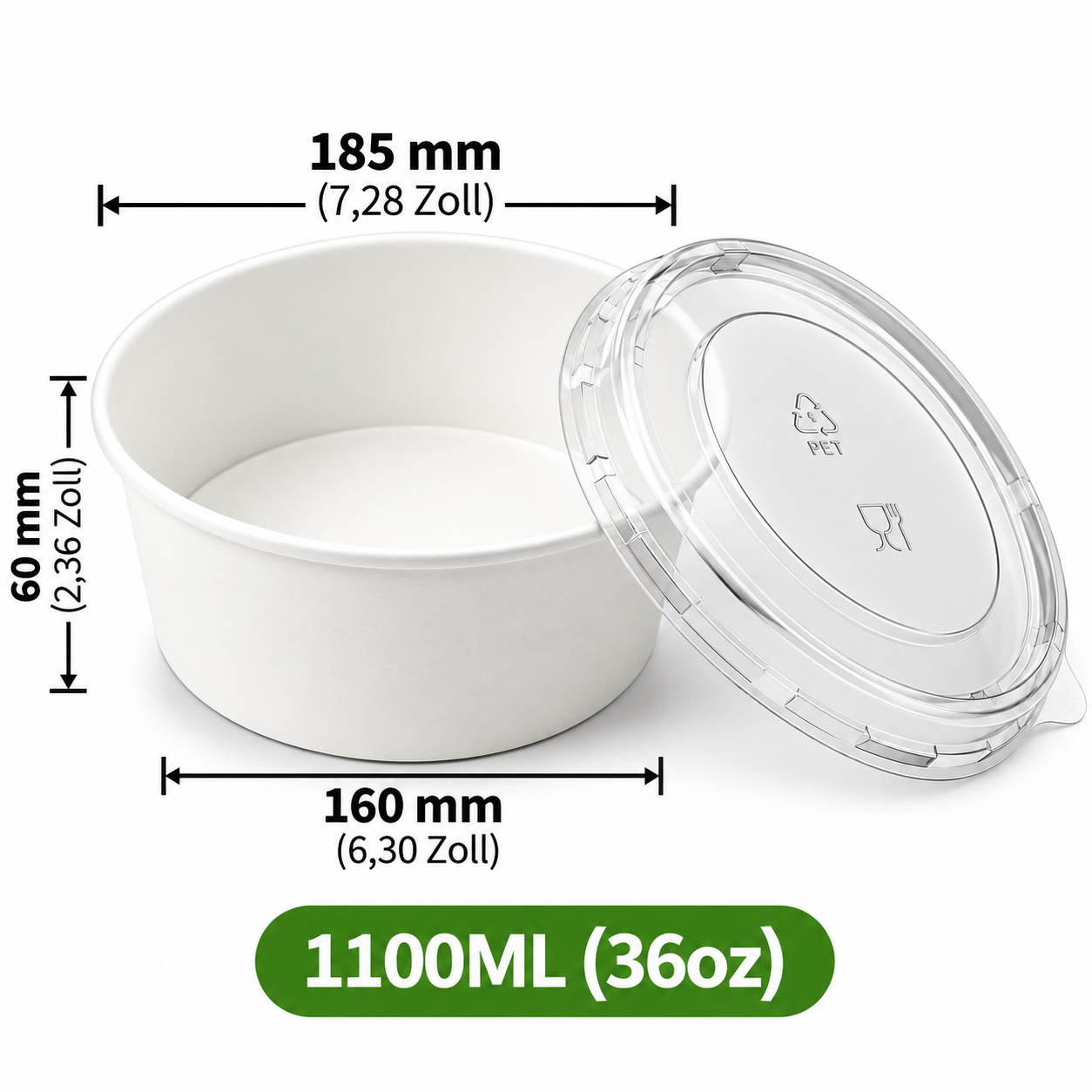 Runde Papierschale 1100 ml (36 oz) mit transparentem PET-Deckel – Weiß