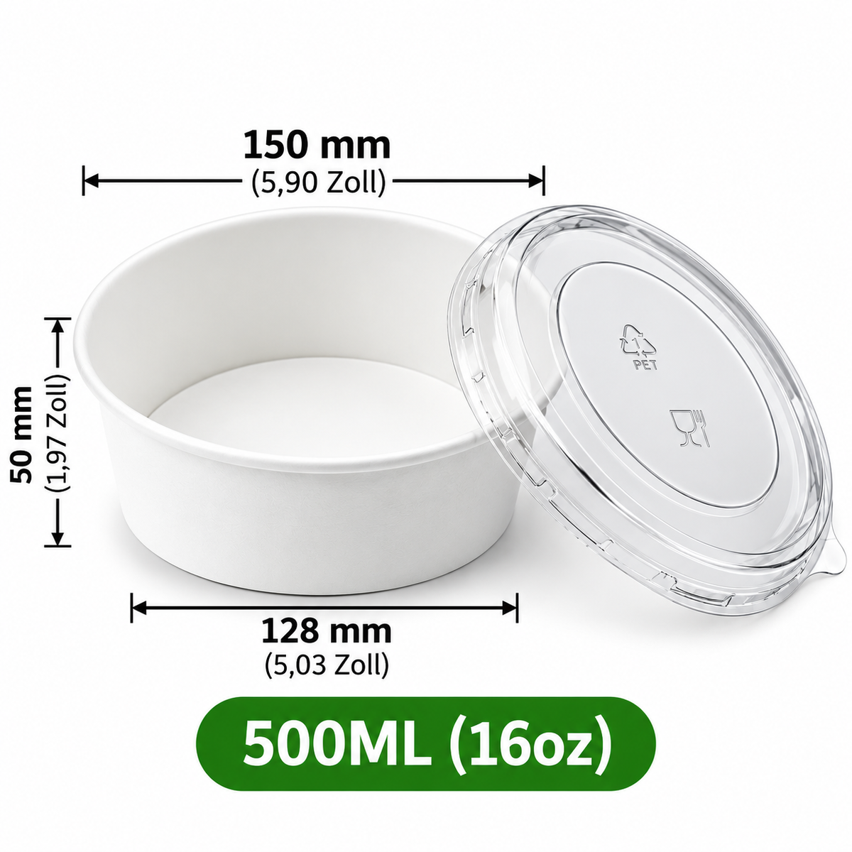 Runde Papierschale 500 ml (16 oz) mit transparentem PET-Deckel – Weiß