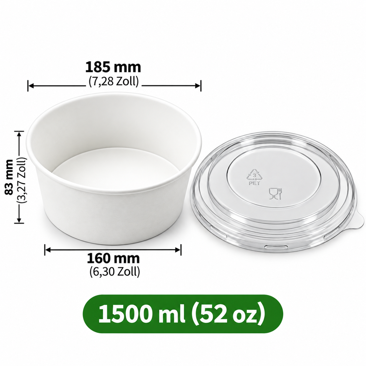 Runde Papierschale 1500 ml (52 oz) mit transparentem PET-Deckel – Weiß