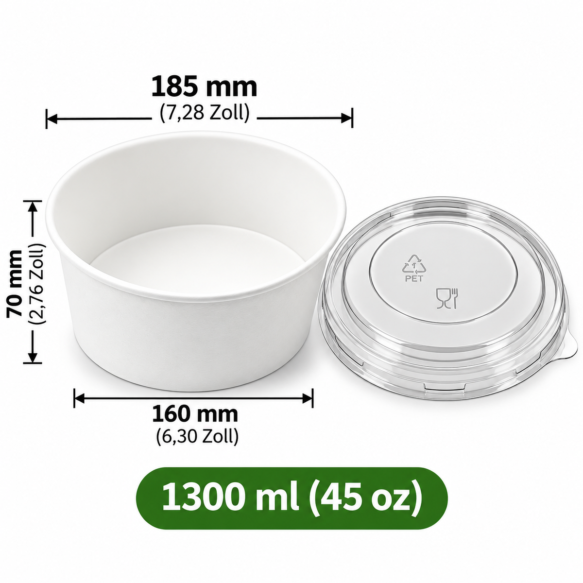 Runde Papierschale 1300 ml (45 oz) mit transparentem PET-Deckel – Weiß