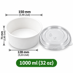 Runde Papierschale 1000 ml (32 oz) mit transparentem PET-Deckel – Weiß
