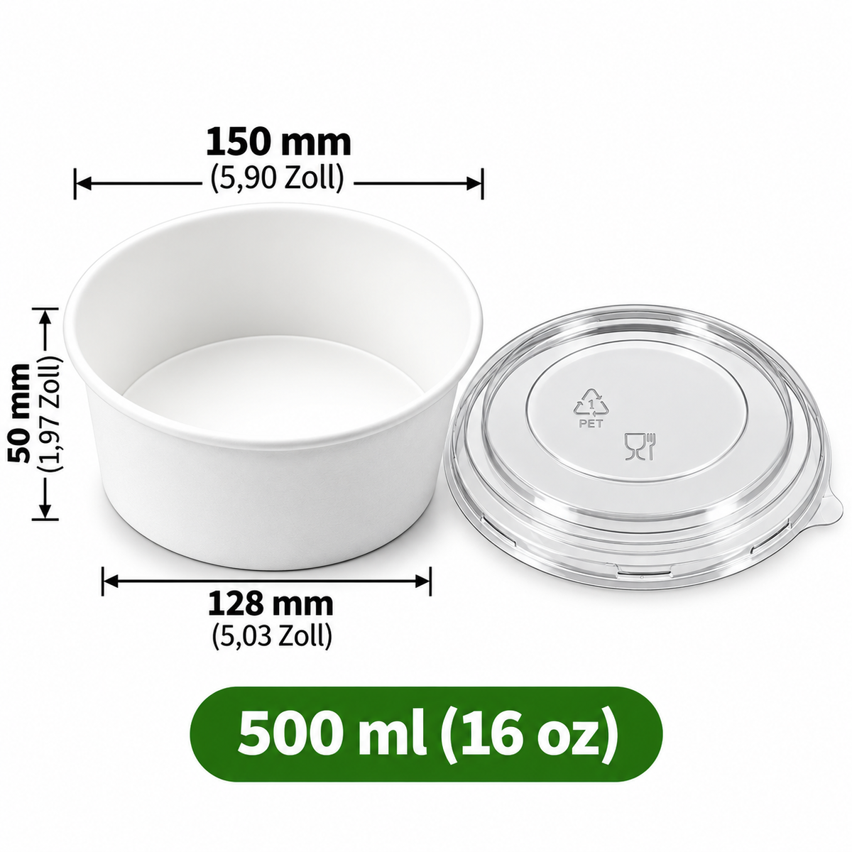 Runde Papierschale 500 ml (16 oz) mit transparentem PET-Deckel – Weiß
