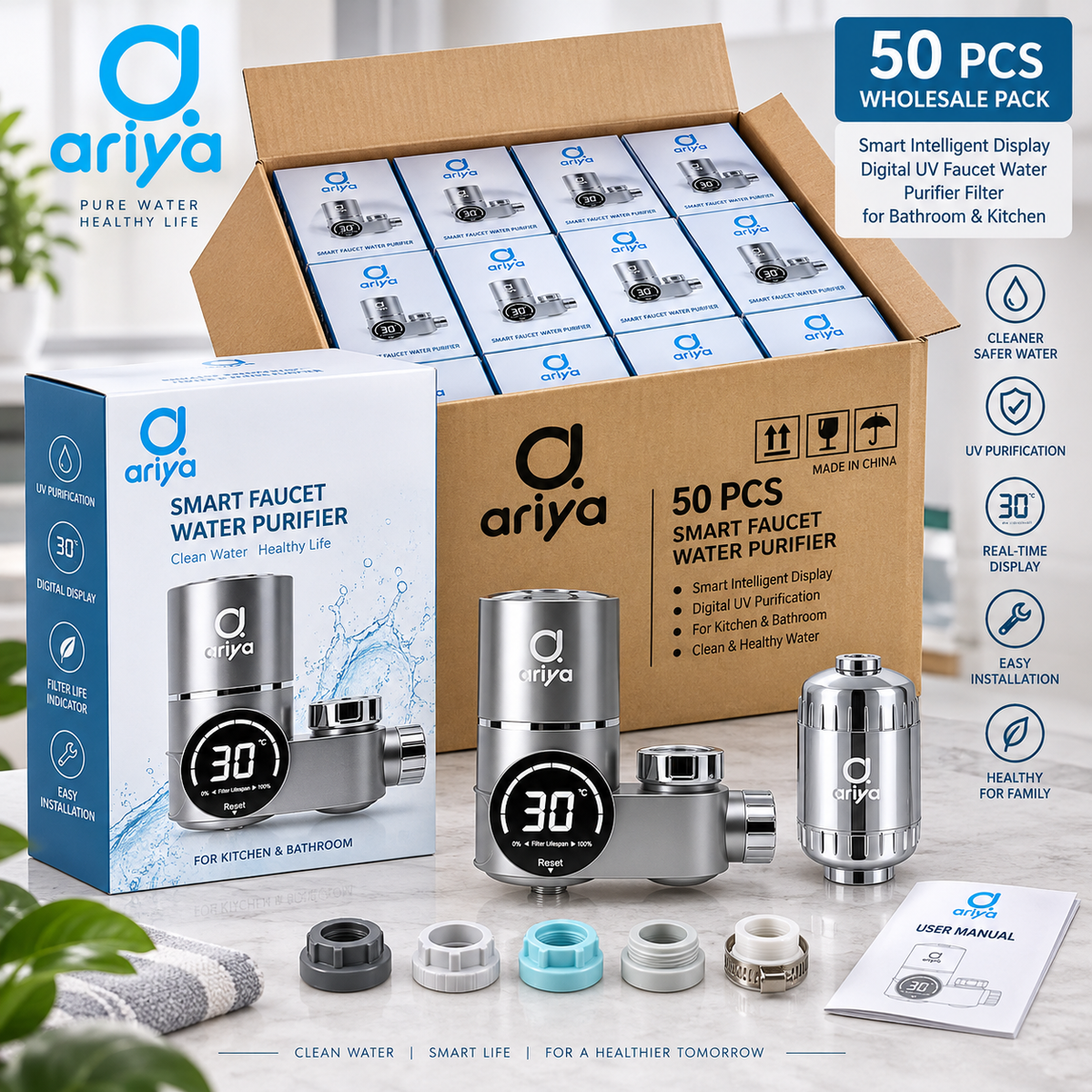 Ariya Wasserhahnfilter und Zubehör vor einem mit 50 Stück beschrifteten Karton
