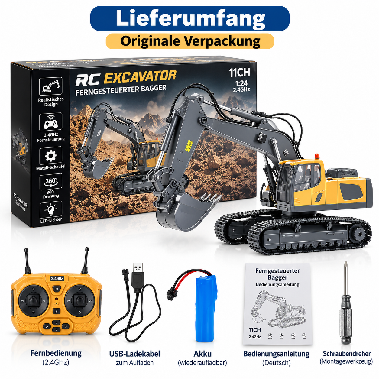 Gelb-grauer RC-Bagger mit Metall-Schaufel, schwarzem Kettenfahrwerk, Fernbedienung und Zubehör