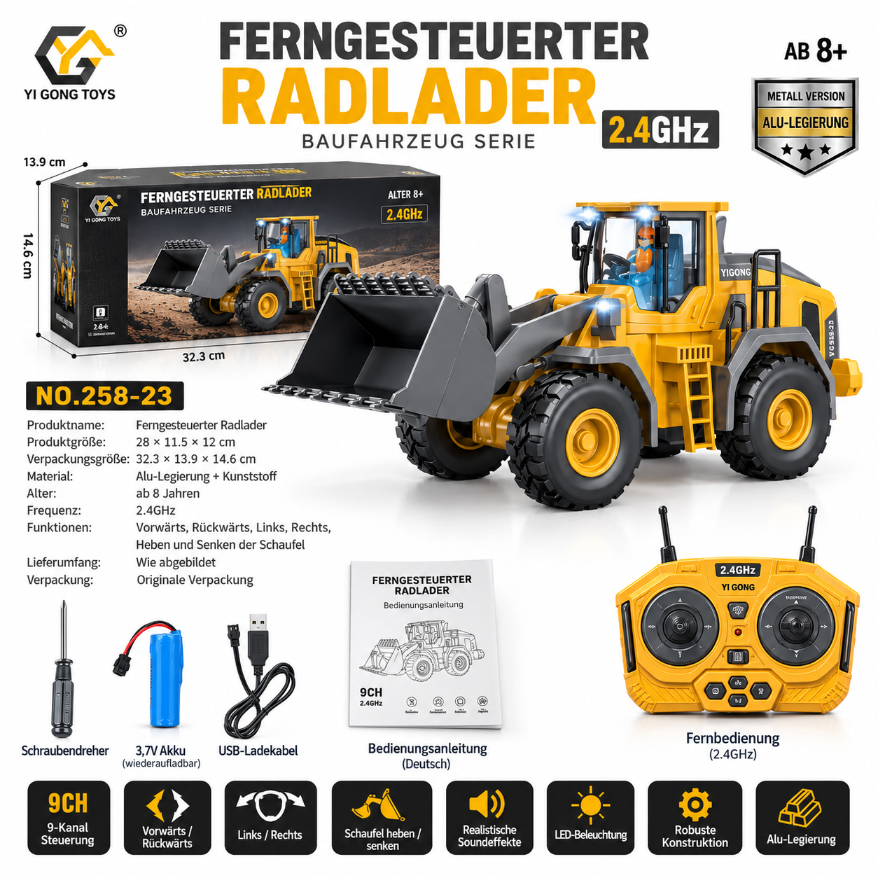 Gelb-grauer ferngesteuerter Radlader 258-23 mit Schaufel, Fernbedienung und Zubehör