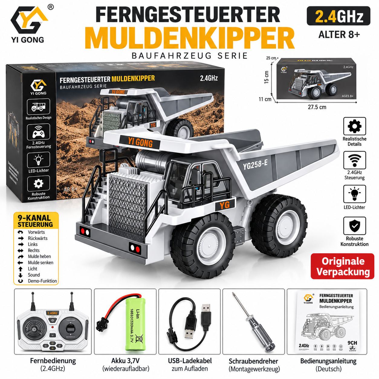 Weiß-grauer ferngesteuerter Muldenkipper YG258-E mit Fernbedienung, Akku und Zubehör