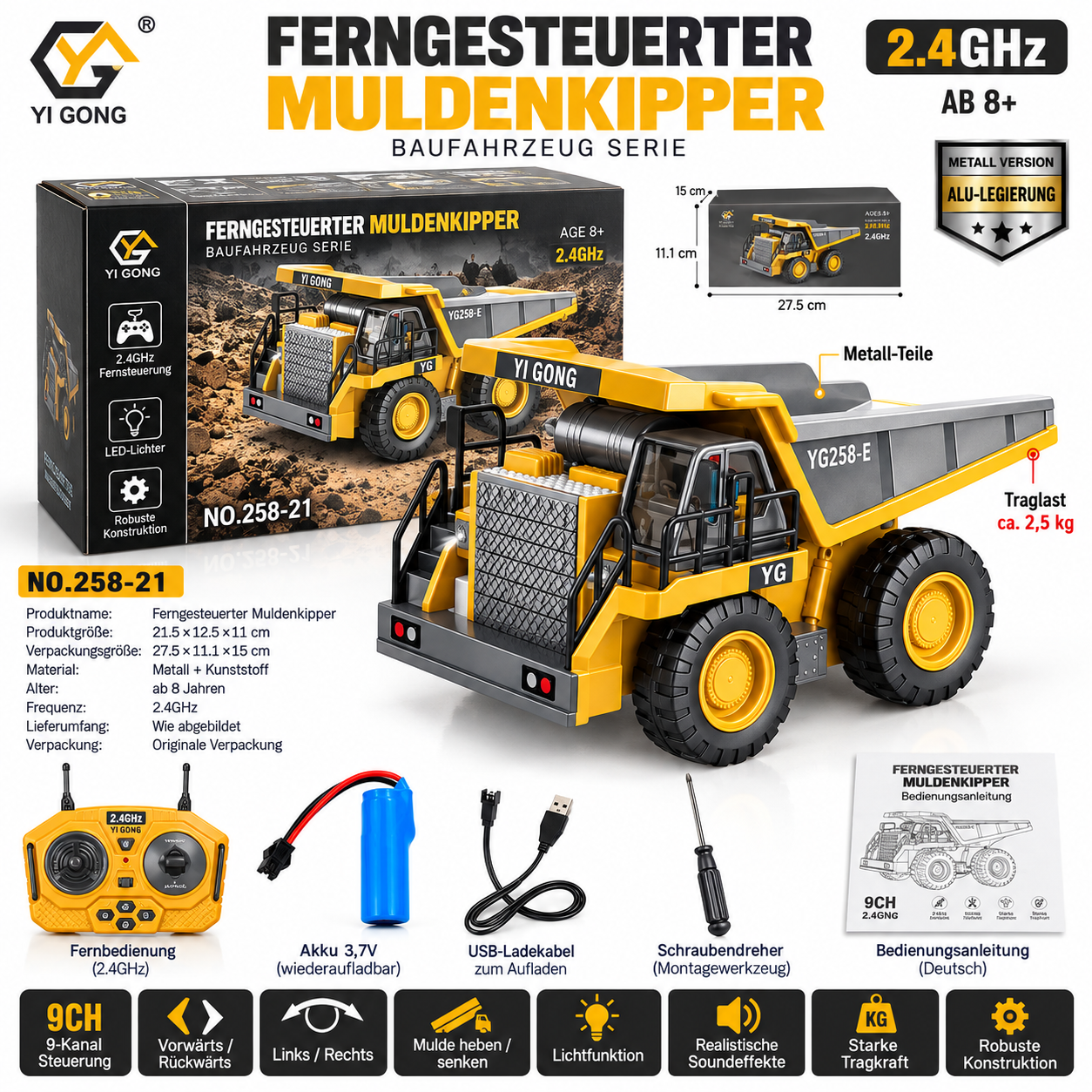 Gelb-grauer RC-Muldenkipper 258-21 mit 9-Kanal-Fernbedienung, Akku und Zubehör