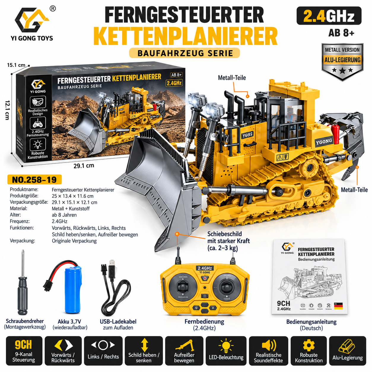 Gelb-grauer ferngesteuerter Kettenplanierer 258-19 mit Schiebeschild, Fernbedienung und Zubehör